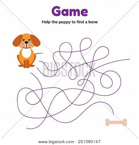 Vector Illustration. Game For Children Preschool Age. Maze Or Labyrinth For Kids. Help The Puppy To 