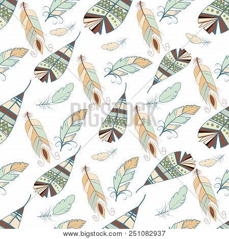 Tribal Feather Seamless Pattern Background Bird Nature Wing Element Vector Graphic Illustration Hand