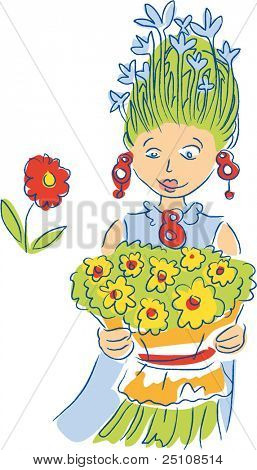 illustrazione vettoriale cartolina della ragazza con fiori