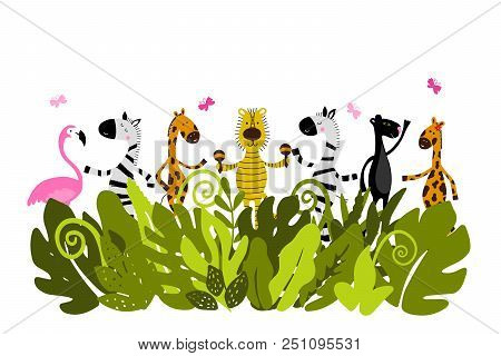 Jungle Animals With Tropical Leaves. Cartoon Zebra, Giraffe, Flamingo, Panda, Tiger. Can Be Used For