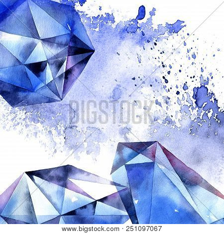 Abstract Watercolor Background With Grunge Watersplashes Texture And Geomethric Shapes, Hand Painted