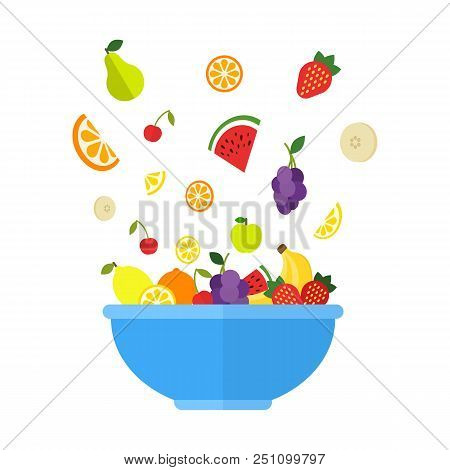 Fruits And Berries Are Falling In Big Blue Bowl. Fresh Fruit Salad Isolated On White Background. Fru