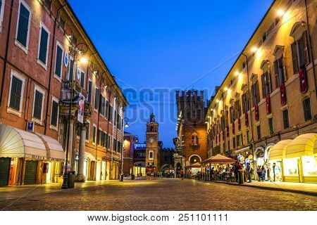 Ferrara, Italy - July, 23, 2018: street in the historical center of Ferrara at a night