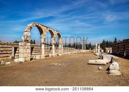 Path Through Umayyad City Ruins In Anjar With Mountains, Bekaa Valley, Lebanon