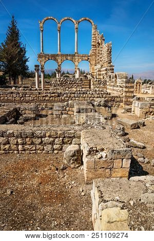 Arches At The Ruins Of Umayyad In Anjar With Blue Sky Vertical, Bekaa Valley, Lebanon