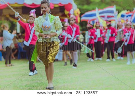 Kanchanaburi Thailand - July 18 :  Parade On Street, In Athletic