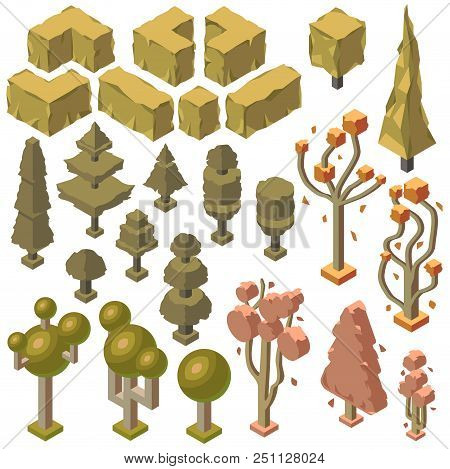 Vector 3d Isometric Autumn Plants, Trees, Wilted Bushes, Firs And Pines. Nature Objects In Fall, Env