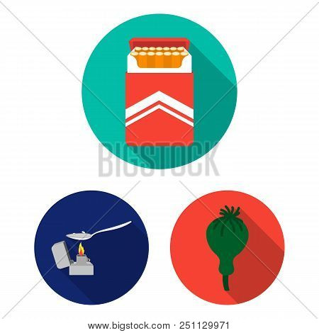 Drug Addiction And Attributes Flat Icons In Set Collection For Design. Addict And Drug Vector Symbol