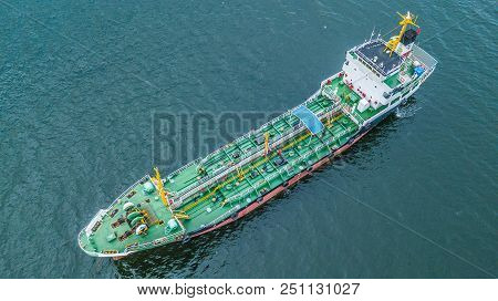 Aerial Top View Oil Tanker Ship, Tanker For Import Export Business Logistic And Transportation.