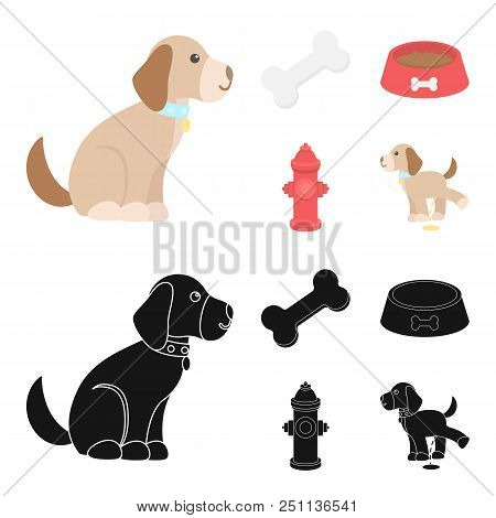 A Bone, A Fire Hydrant, A Bowl Of Food, A Pissing Dog.dog Set Collection Icons In Cartoon, Black Sty