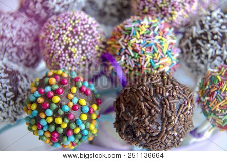 Colored Sweet Cake Pops Candy. Candy Bar And Popcakes Catering Concept For Birthday, Wedding And Oth