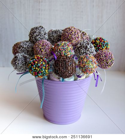 Colored Sweet Cake Pops Candy. Candy Bar And Popcakes Catering Concept For Birthday, Wedding And Oth