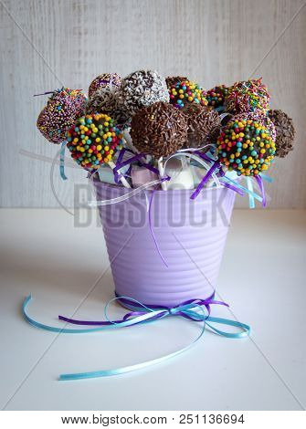 Colored Sweet Cake Pops Candy. Candy Bar And Popcakes Catering Concept For Birthday, Wedding And Oth