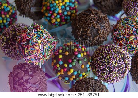 Colored Sweet Cake Pops Candy. Candy Bar And Popcakes Catering Concept For Birthday, Wedding And Oth