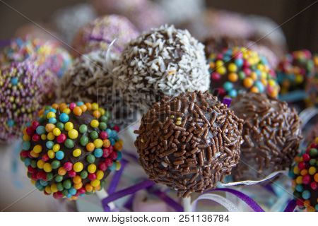 Colored Sweet Cake Pops Candy. Candy Bar And Popcakes Catering Concept For Birthday, Wedding And Oth