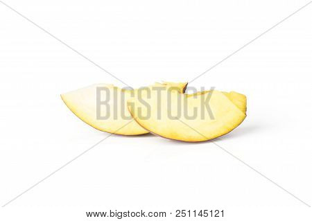 Group Of Two Slices Of Ripe Deep Red Nectarine Isolated On White