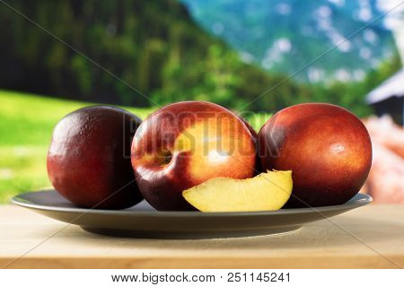 Group Of Three Whole One Slice Of Ripe Deep Red Nectarine On A Grey Ceramic Bowl With Country Nature