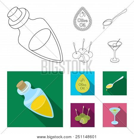 Label Of Olive Oil, Spoon With A Drop, Olives On Sticks, A Glass Of Alcohol. Olives Set Collection I