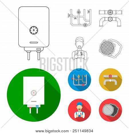 Boiler, Plumber, Ventils And Pipes.plumbing Set Collection Icons In Outline, Flat Style Vector Symbo