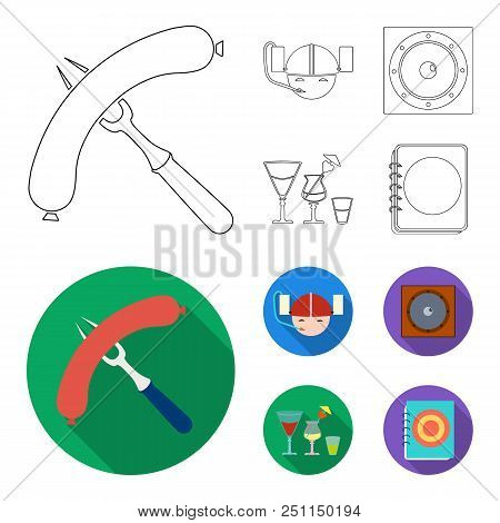 Fried Sausage, Beer Helmet, Cocktails, Speaker.pub Set Collection Icons In Outline, Flat Style Vecto