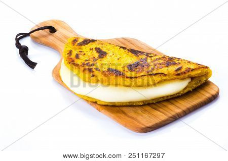 Cachapa With Cheese, Typical Venezuelan Cuisine Made Of Ground Corn And White Cheese, White Backgrou
