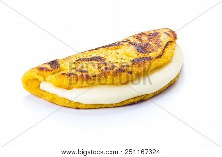 Cachapa With Cheese, Typical Venezuelan Cuisine Made Of Ground Corn And White Cheese, White Backgrou