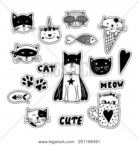 Black And White Doodle Stikers With Cats, Hearts, Fish And Paws.