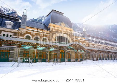 Canfranc train station in Huesca on Pyrenees at Spain