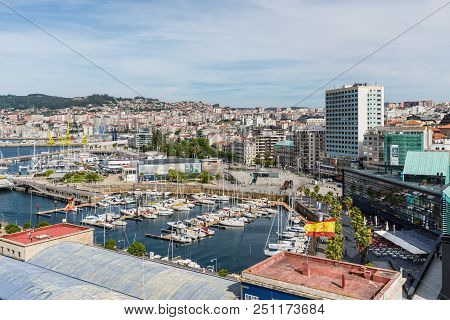 Vigo, Spain - May 20, 2017: Cityscape Of Vigo With The Cruise Terminal In The Foreground In Vigo, Ga