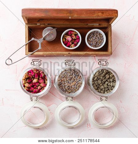 Dried Rose Flower Buds And Flowers In Glass Jars. Herbal Tea, Cleansing, Organic Bio Products. Top V