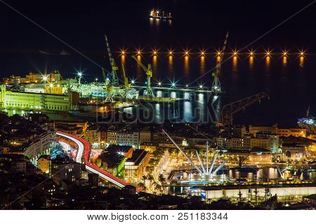 Genoa, Italy, October 27, 2016 - Aerial View Of Genoa, Italy, The Old Town And Harbor / Genoa, Octob