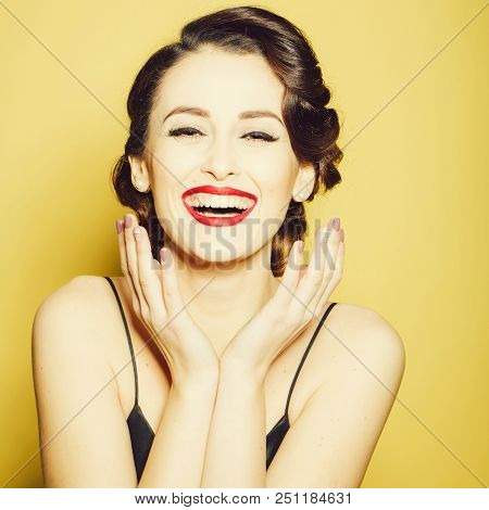 Portrait Of Attractive Sensual Glamour Retro Elegant Young Adult Smiling Woman With Classic Hairstyl