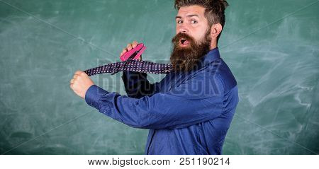 School Stationery. Man Scruffy Use Stapler Dangerous Way. Hipster Teacher Formal Wear Necktie Holds 
