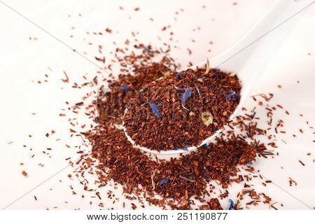 Rooibos Tea On White Background. Top View. Close Up.