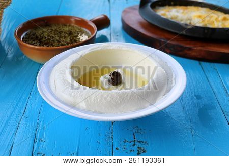 A Table Set Of Different Plates Of A Traditional Lebanese Breakfast.
