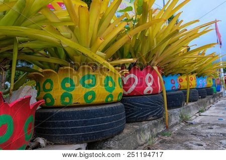 Colored Green Planters Made From Recycled Tires