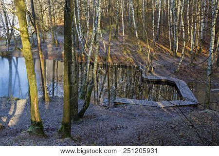 Coast Of The Pond In Late Autumn. Sunny Day. Forest Park Troparevo, Moscow, Russia.