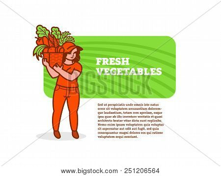 Woman Farmer With Basket Of Vegetables And Fruits. Vector Illustration.
