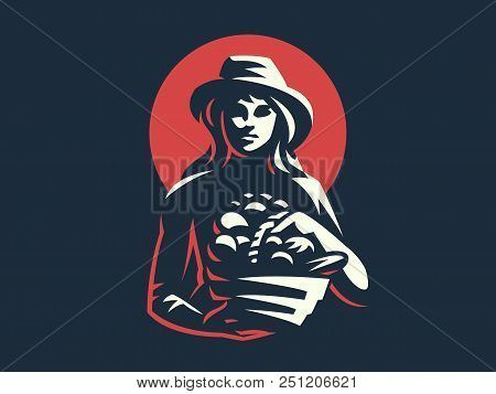 Woman Farmer With Basket Of Vegetables And Fruits. Vector Illustration.
