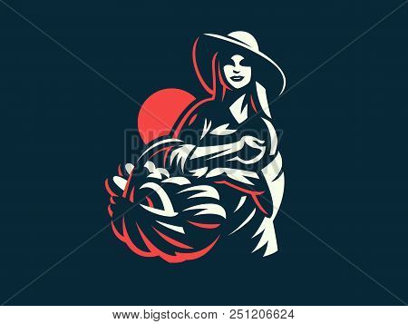 Woman Farmer With Basket Of Vegetables And Fruits. Vector Illustration.