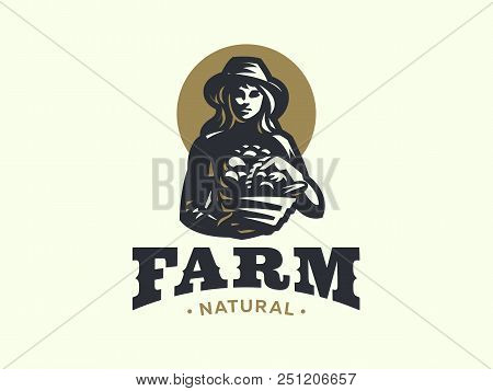 Woman Farmer With Basket Of Vegetables And Fruits. Vector Illustration.
