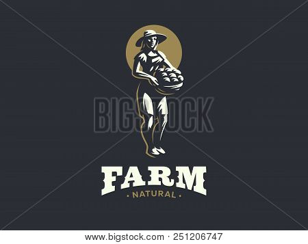 Woman Farmer With Basket Of Vegetables And Fruits. Vector Illustration.