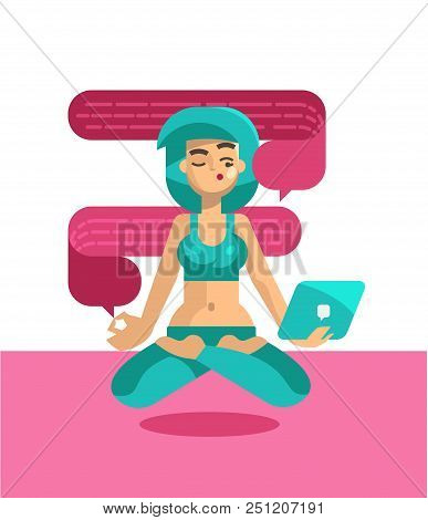 A Woman With A Tablet Is Engaged In Yoga And Reads Messages. Vector Illustration.