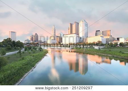 Columbus, Ohio  riverfront along the Scioto River.  The Scioto Mile pathways create a popular park area in the downtown district of the city.