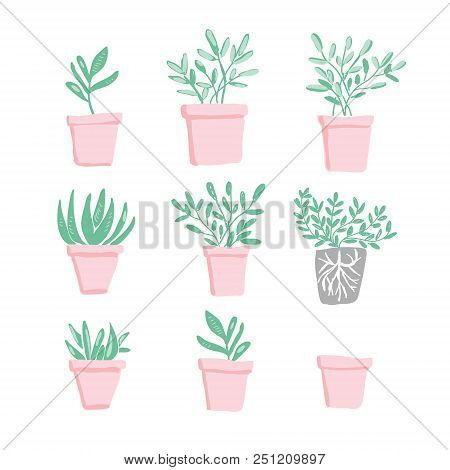 Garden Tool Set. Vector Illustration Of Potted Flowers. Happy Gardening Design. Hand Drawn Vector Do