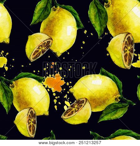 Lemons Pattern Watercolor. Citrus Watercolor Collection. Bright Juicy Lemons On A Dark Background.