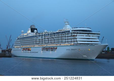 Ijmuiden, The Netherlands -july 27th 2018: Crystal Serenity Owned By Crystal Cruises, Leaving Ijmuid
