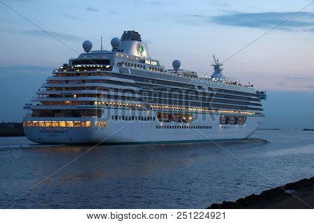 Ijmuiden, The Netherlands -july 27th 2018: Crystal Serenity Owned By Crystal Cruises, Leaving Ijmuid
