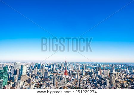 Panoramic Modern City Skyline Aerial View Under Blue Sky In Tokyo, Japan