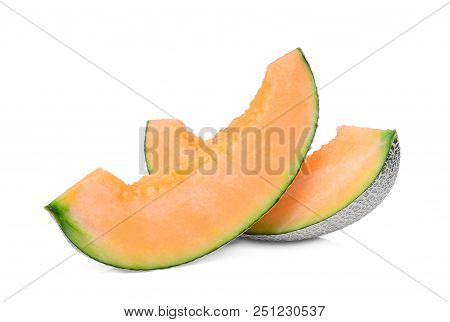 Sliced Japanese Melons, Green Melon Or Cantaloupe Melon Isolated On White Background